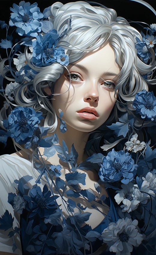 藍花美少女，優雅描邊，多層次寫實，暗天藍與深白，光影明亮，靈感來自動漫。