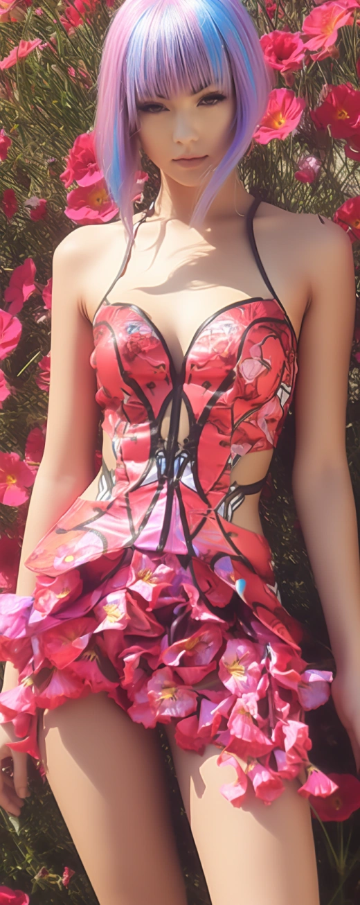 鮮花印花的賽博時尚模特穿著動漫服裝。