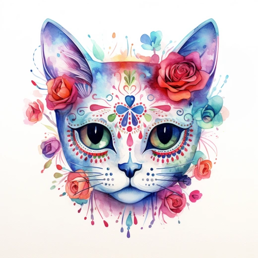 可愛溫柔的彩色水彩插畫：糖顱貓咪
