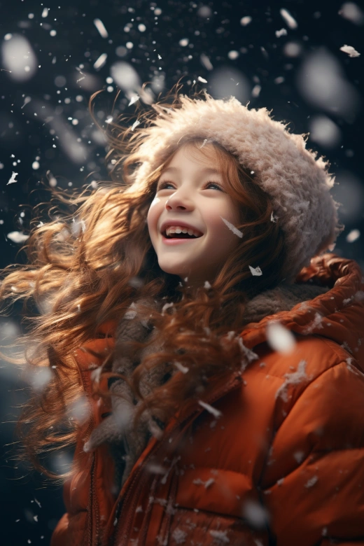 紛飛的大雪，年輕女孩微笑中，陶醉在暴雪中 4K