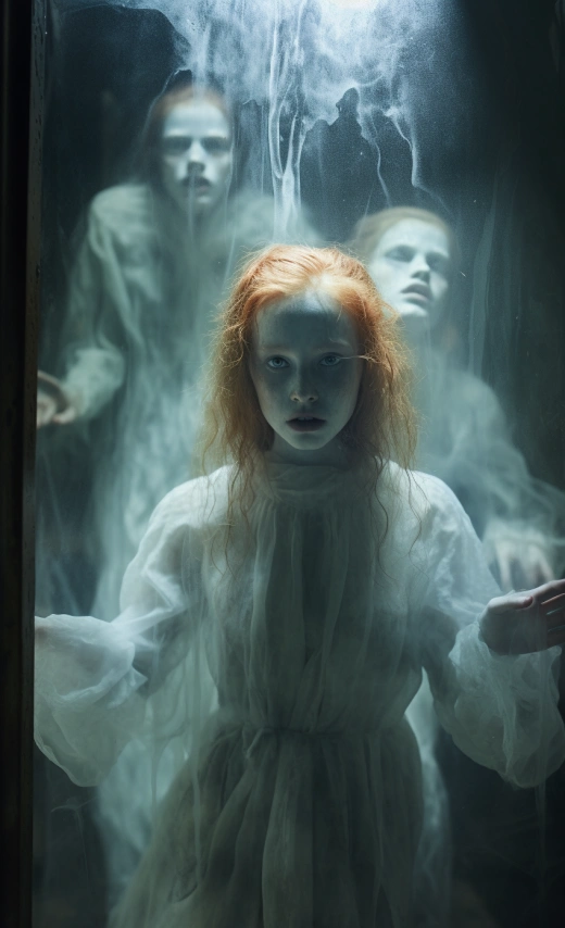 恐怖女性幽灵在闹鬼的房子里嘲笑，用120胶片拍摄
