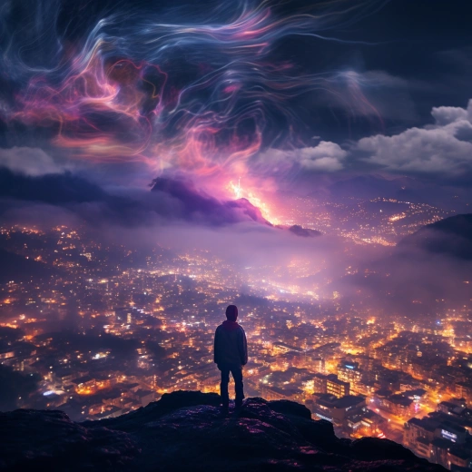 煙霧繚繞下的絢麗都市，山川與霓虹交相輝映