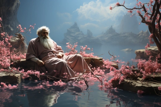 夢幻冒險：卡爾·馬克思在藍水和睡蓮的泳池中躺在粉色浮床上，像藝術家奧古斯特·馮·彼得科芬的風格一樣