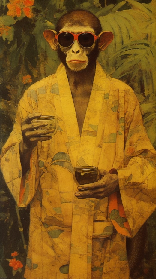 熱帶神秘風(fēng)情：穿和服的酷猴子，太陽鏡下的邀請姿態(tài)與熱帶人間仙境