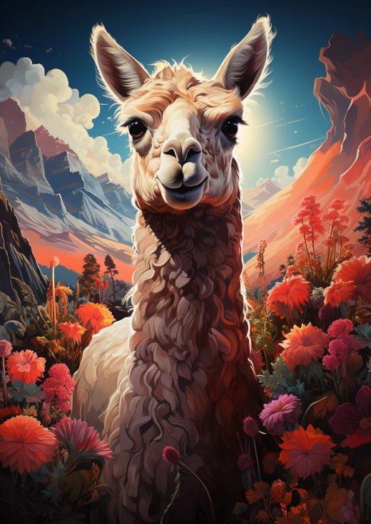 夕陽下，草地間的低語中，羊駝顯世界，以寧靜姿態宣告暮光臨。