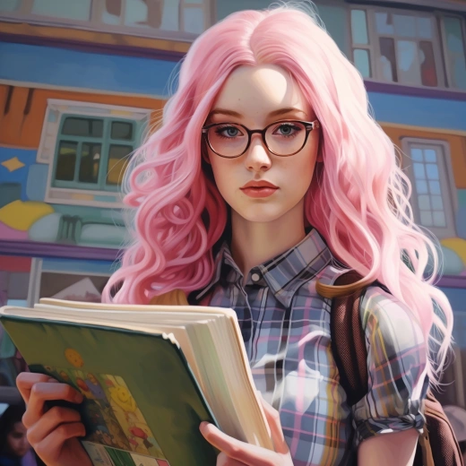 彩虹发且着粉格子裙的美丽学生，手持书籍的超逼真细腻插画。