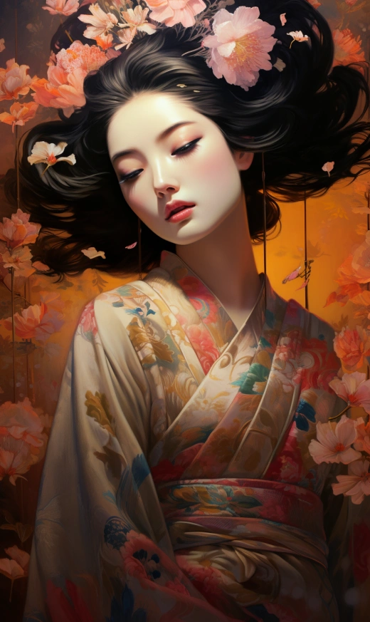 艳丽绚烂的艺妓，Arden Cho，她的和服上绣着花朵，如香水般飘荡。