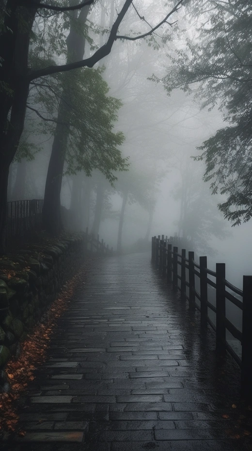 翠雨迷蒙，神秘古林繞藍石。 (19字)