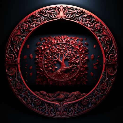 《生命之樹》：木雕紅木，精致而獨特，渾然一體。白色底景，濃烈單色帶來的藝術新潮氣息，猶如MoMA珍品。4k細節，靈感源自古凱爾特紋樣、古斯塔夫·克里姆特和阿爾方斯·穆夏。均勻光線，凸顯紅木紋的鮮艷美麗，雕刻紋理的精細之處。最佳視角，寬角俯瞰。