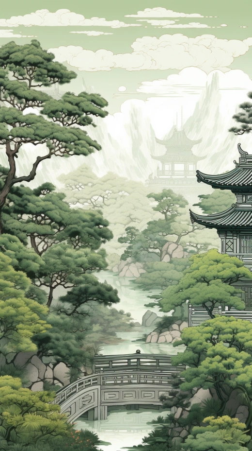 古風歷史戲劇中的亭臺樓閣與樹木