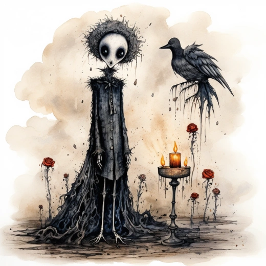 “永別人間，殘破衣衫下的幽靈”，動畫繪畫，Gris Grimly, Edward Gorey, Tim Burton, Mab Graves, 白底鮮艷色彩。