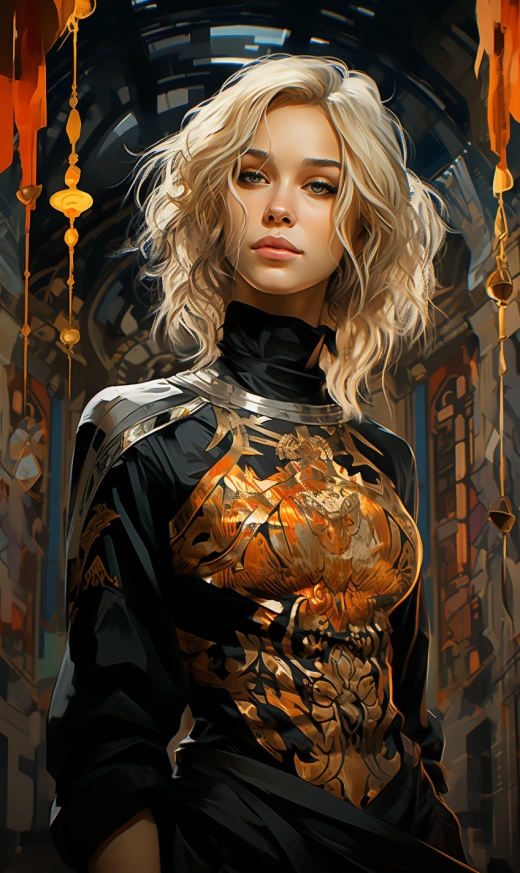 渾身散發著魅力的非傳統美麗金發女郎，穿著黑色高領毛衣和裝飾著凱爾特紋飾的金項鏈，藝術氣息濃郁，仙氣洋溢，由WLOP繪制——IW 2。