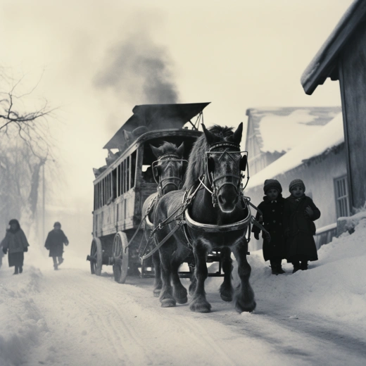 “駿馬托起煙囪校車，孩童追隨歡笑。冬日酷雪，黑白舊照，還原真實，燃燒往昔。”