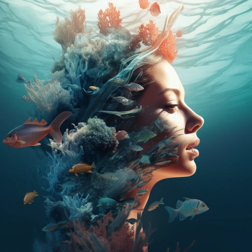 《海底世界的雙重曝光：女子與珊瑚礁、海龜、鯨魚和海豚的奇幻邂逅》