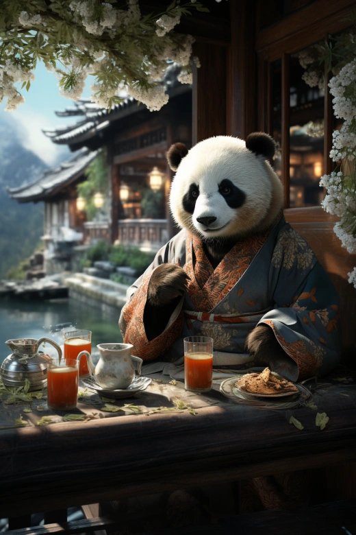 水川亭畔，和服巨熊貓，唐風宅院，茶香仙境。