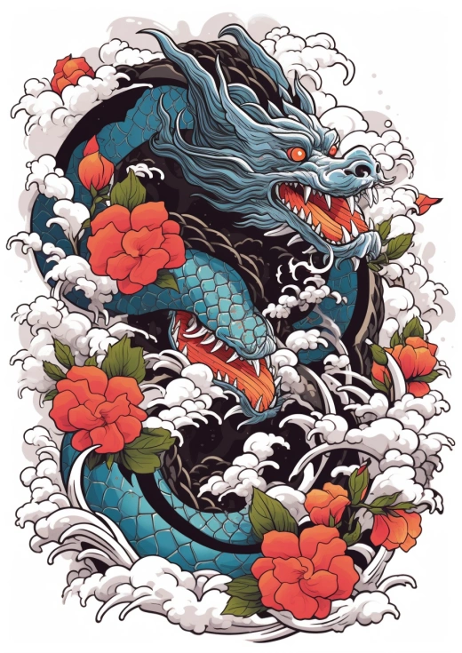 傳統日本刺青紋身設計，全長矢量T恤設計，線條銳利，對比度高，八種顏色，白色背景，8k。