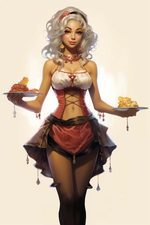 奇幻美麗的侍女，全身素描，漫畫風格，色彩斑斕，空白背景。