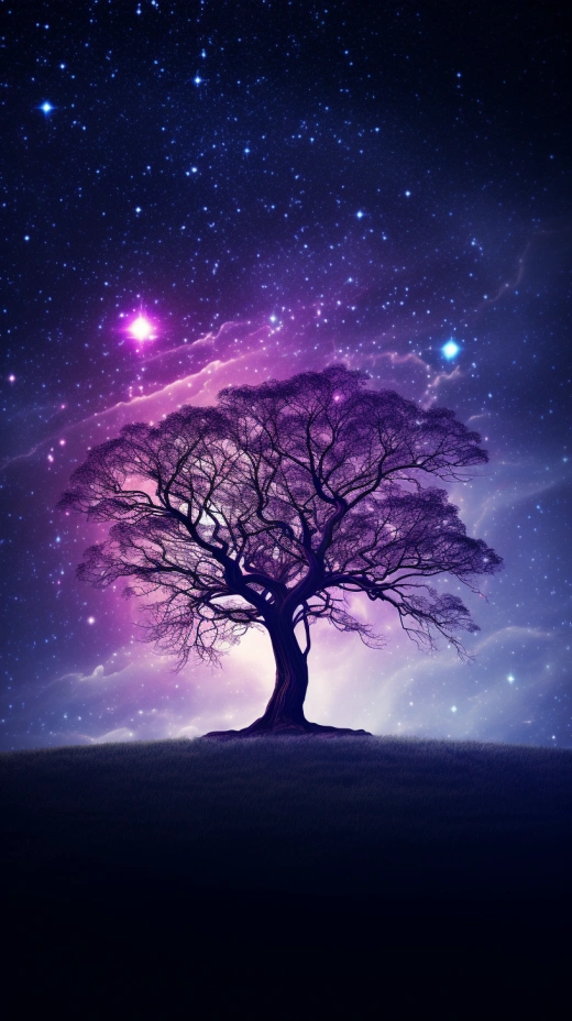 星空樹上升紫色流，清晰攝影美如夢。