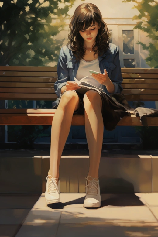 “手握手機(jī)的少女，低頭坐在長(zhǎng)椅上，呈正面全身畫面，仿佛奧冢大著的世界”