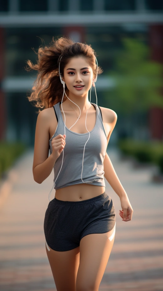 校园里奔跑的中国美女，夏日运动装，佩戴耳机，全身尽显活力（20个字）