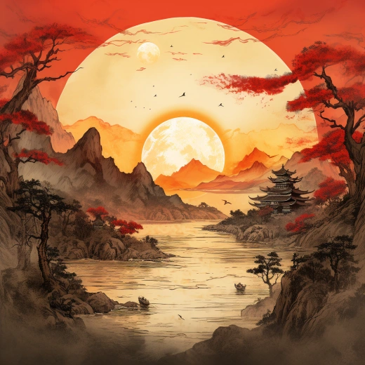 魚眼攝影中的中國水墨風(fēng)格，日出東方，絢麗HDR，64K精細(xì)描繪。