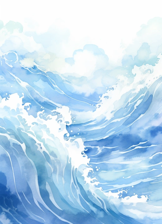 水墨風水，藍色波浪，水下世界，手繪插畫，高清背景，8k
