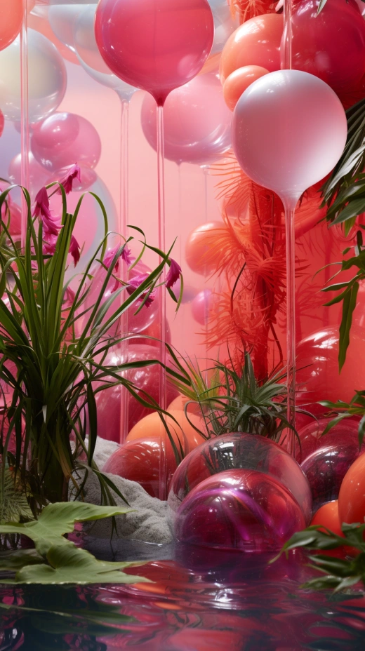 神奇街景：充满植物和气球的房间，水中浮现，完美居中，抽象形状如Mark Rothko作品般，玻璃岩石坠落，空中飘扬。