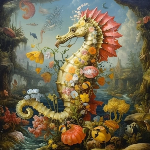 明亮多彩的海馬繪畫，仿德·洪德庫特風格