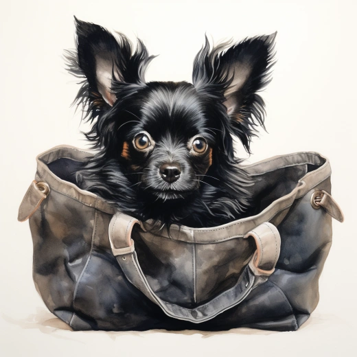 “黑色長毛吉娃娃犬坐在手提包里，小爪伸出來，清晰細膩的白色背景中的水彩畫”