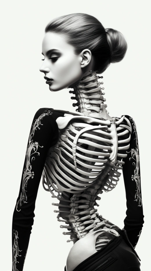 黑白时尚女骨架复古风像素4D真实主义绘画