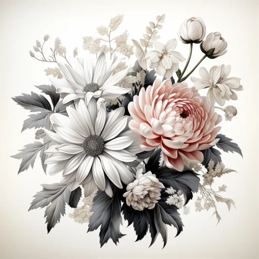 “灰度之美，花藝創作：賞心悅目的雛菊、菊花、牡丹與瓢蟲插畫”