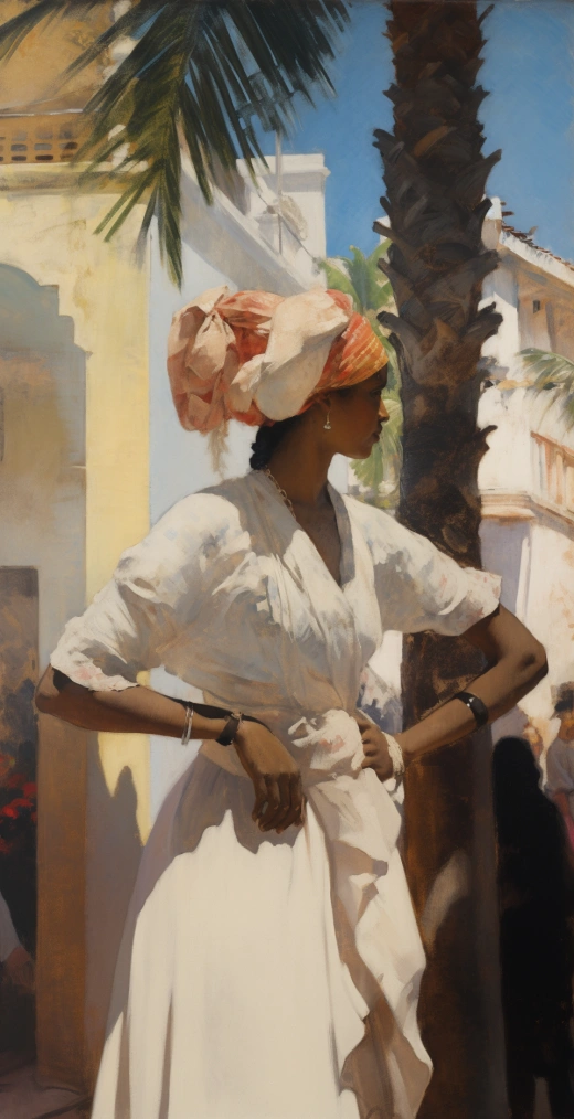 女性從頭到腳，遠處有棕櫚樹，街頭場景風格，與Winslow Homer、Vernacular Architecture、Watercolorist、1860-1969、Afro-Caribbean Influence、Luke Fildes有關。