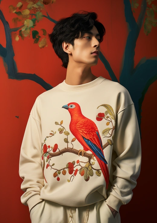 紅色毛衣男子，紅鸚鵡T恤，獨特字體風格，淺米色與米色，暗色天堂，細致衣飾，時尚可愛