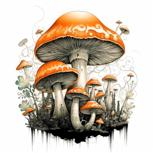神奇64K黑白漫畫：巨大橙色蘑菇上的五條小綠蛇