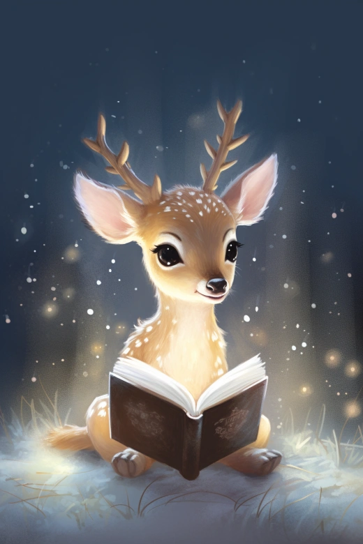 童書插畫：可愛小鹿讀故事書，星空燈光下的抽象藝術，唯美細膩手繪，嬰兒房裝飾。