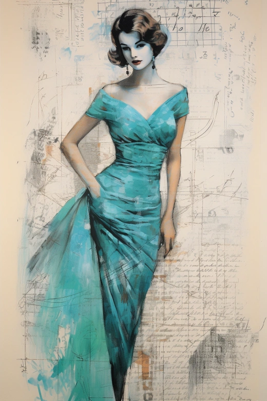 蓝绿色铅笔草图，华丽晚礼服，配有草图注释，以1940年代的复古女性为背景，带有痕迹和划痕的复古背景。