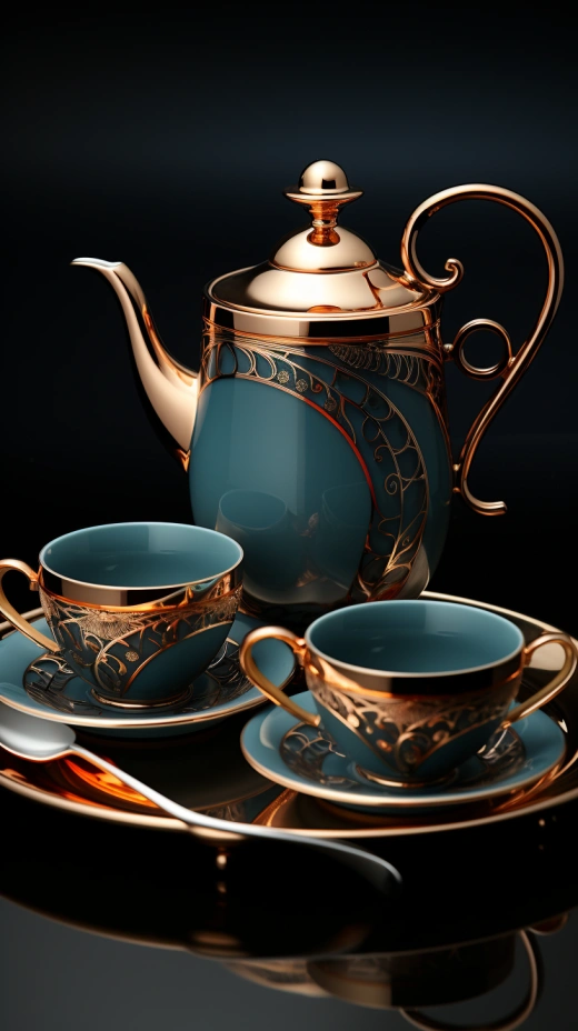 翡翠和銅高級(jí)茶具，新藝術(shù)風(fēng)格，紅寶石紅與石板灰，旋風(fēng)線條，豐富的色彩對(duì)比，傳統(tǒng)色彩方案。