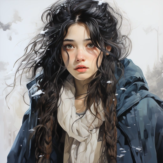 《醫院出院的少女，長發飄雪間，穿著藍白條紋衣，中國古風2.5D漫畫，別樣迷人》