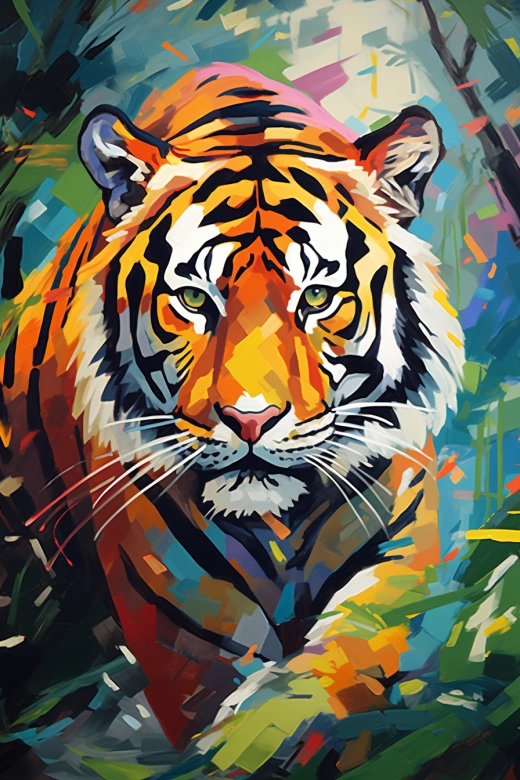 叢林獵食：虎步叢林獵影，抽象風格畫作。