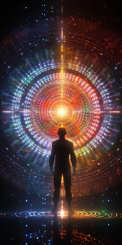 一個圓形的藝術作品，展示了脈輪和前面的人