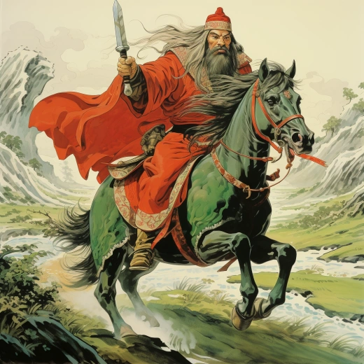 《水滸傳》關(guān)羽，長須威猛，戴帽騎馬，手握巨刀，驚世駭人草原上，紅綠古風墨漫。