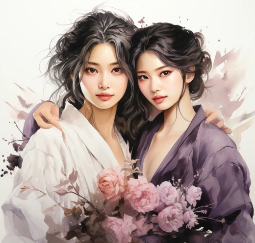 紫裙seo hidae與女友，美麗絕倫，靜謐面容，粉色和淺米色，獨特五官，深棕和銀色，令人驚艷。
