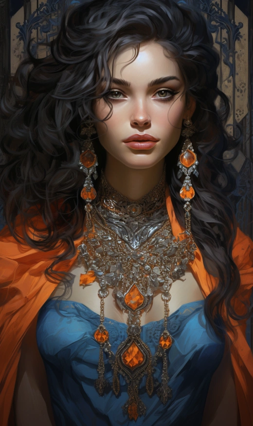 幻想插畫風格中藍色橙色飾品的女性畫作：真實超細致渲染的絕美繪畫
