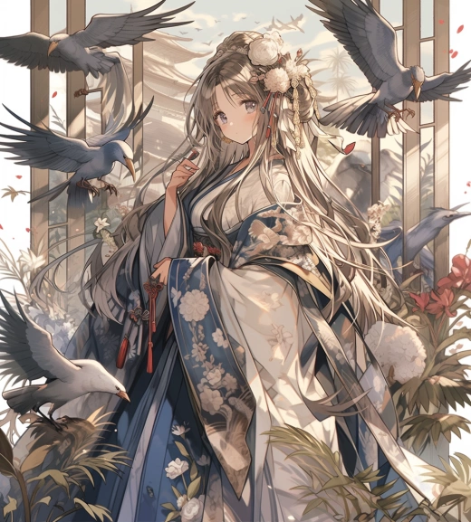 天空中的仙鳥：女性人像與神話題材的細致仙境