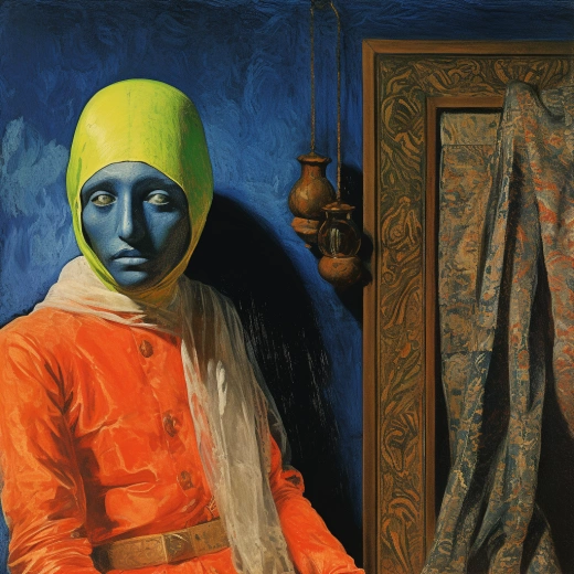神秘与奇异：透过画作的面纱，阿拉伯男子与怪异的铁面具在奢华房间中对视【20字】
