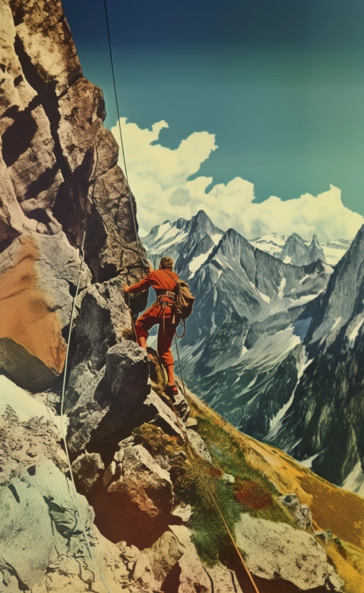 1960年代的照片拼貼：阿爾卑斯山攀登，仿效山脈美景，朱爾根·齊耶維作品。我簡直不敢相信這美麗，連梅爾·阿蒙森也是如此。