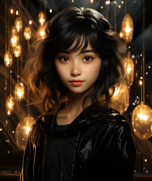星星之美：亞洲女孩，大眼睛，黑發，閃耀光澤，現實場景，卡通細節。