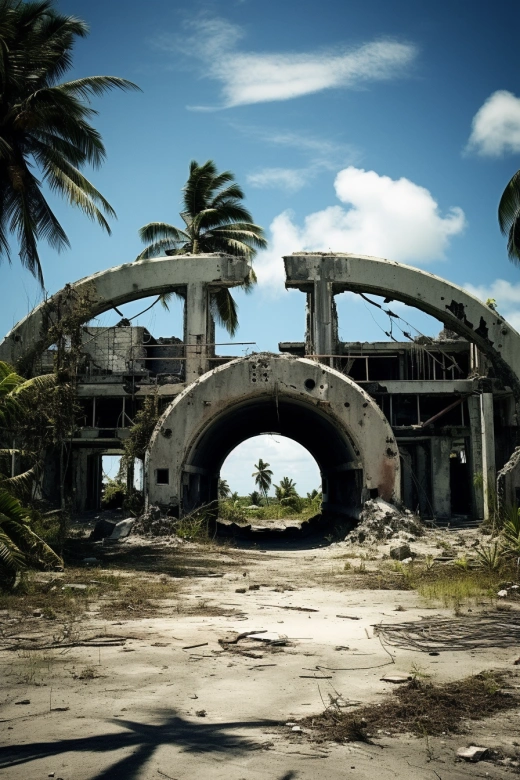 廢墟中的熱帶荒島：廢棄建筑的攝影、生物朋克、機械化身、毀壞的軍事基地、普羅維亞拍攝的照片，如電影般戲劇性的場景