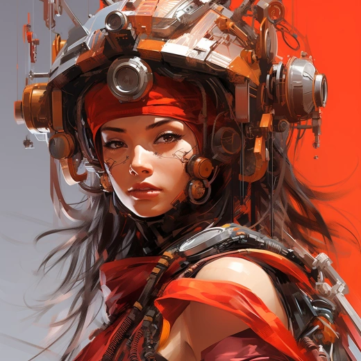 《晨曦中的奇幻魔女：紅橙色電光頭飾，誘人焦點，4D相機捕捉的數字奇幻》