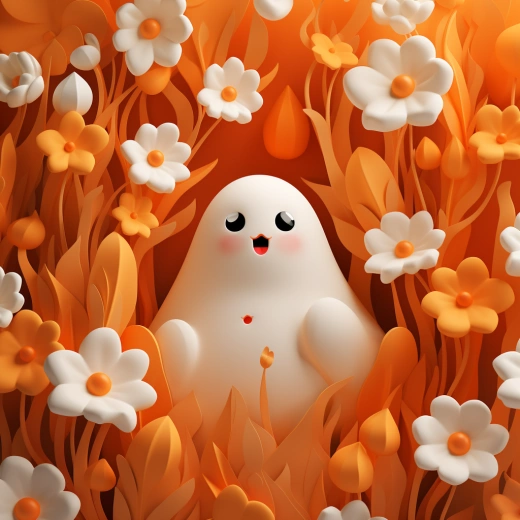 幸福花园中的可爱幽灵与橙色粉彩花朵